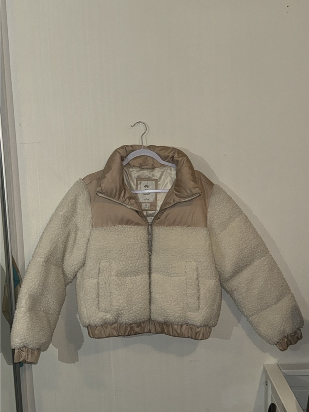 Abercrombie & Fitch Cream Teddy Sherpa Puffer with Tan Accents